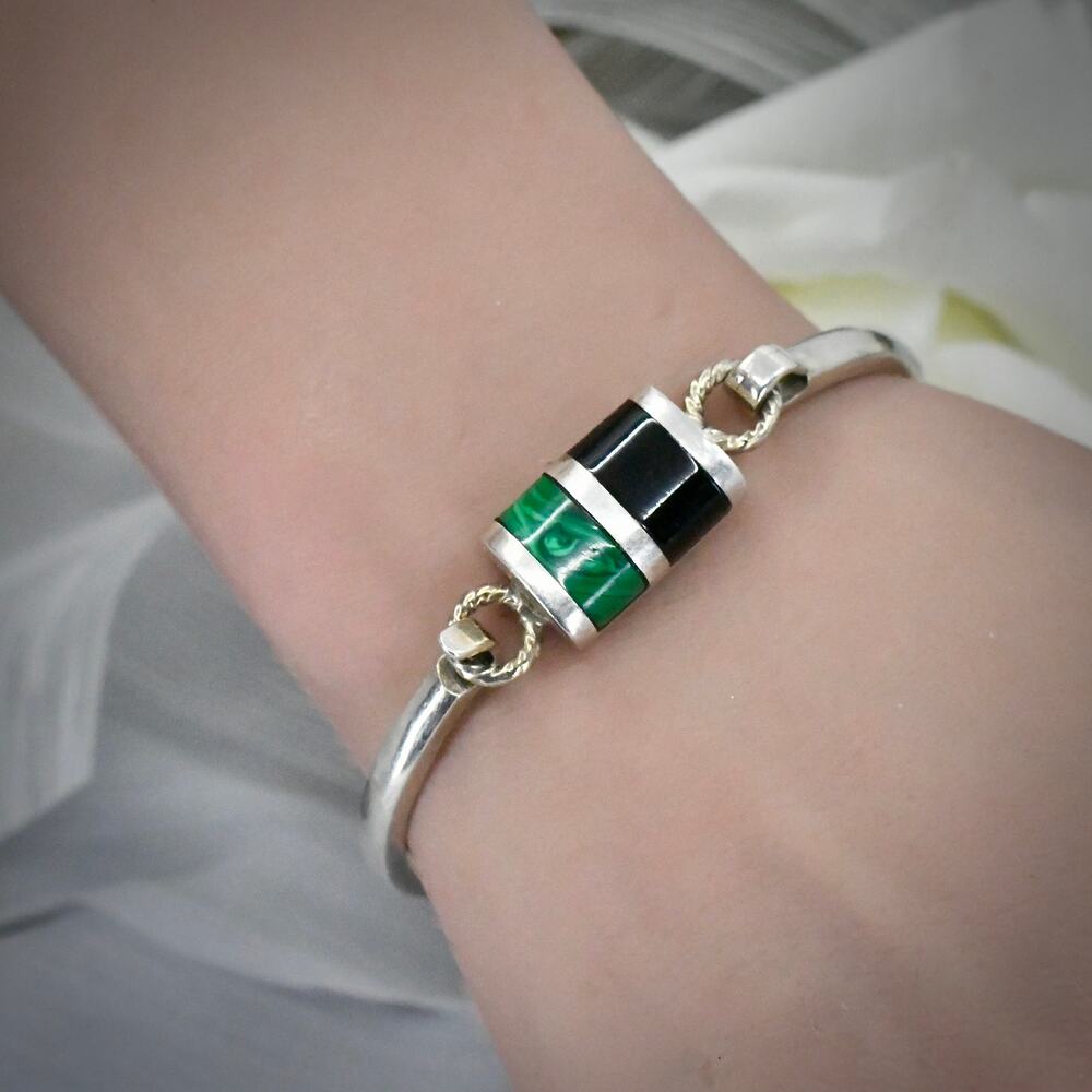 Vintage Taxco Mexico 925 Silver Malachite Onyx Inlay Wire Bangle Bracelet 6.75"